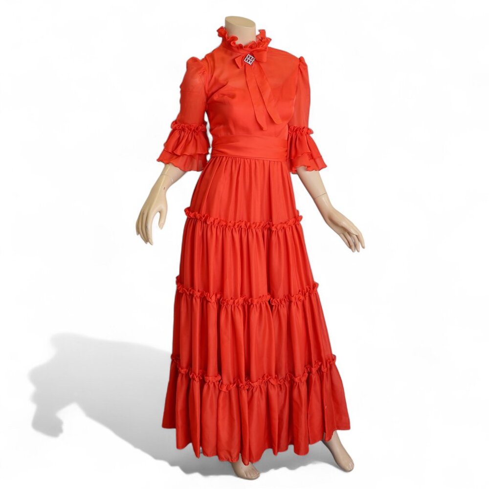Vintage 1970s Lipstick Red Ruffled Maxi Dress